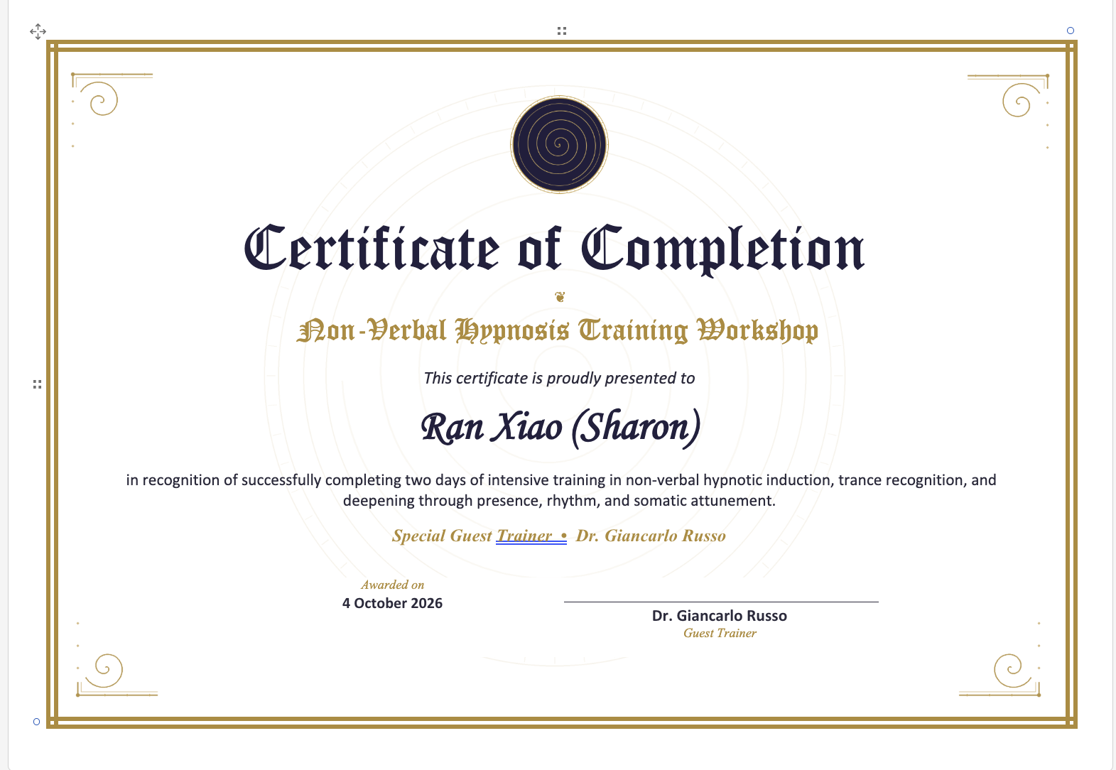 Non-Verbal Hypnosis Workshop Certificate
